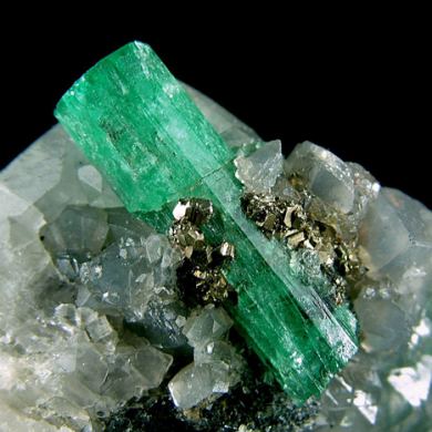 Beryl var. Emerald on Calcite with Pyrite
