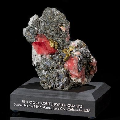 Rhodochrosite, Pyrite & Quartz on Tetrahedrite