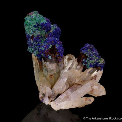 Azurite, with Malachite and Goethite, on Quartz