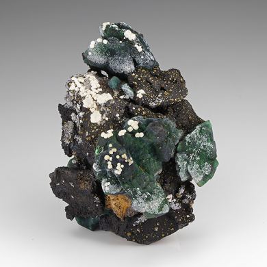 Chrysocolla-on-Malachite-after-Azurite with Wulfenite, Calcite