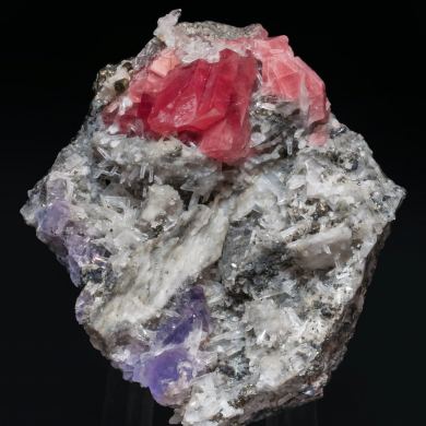 Rhodochrosite with Fluorite, Quartz and Pyrite