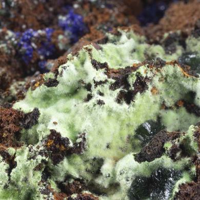 Agardite-Ce with Azurite, Zincolivenite, Adamite, Brochantite